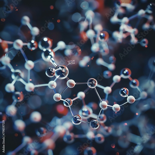 Close-up view of a 3D molecular structure model of a complex molecule, highlighted against a dark background with scientific notations photo