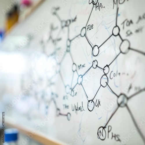 Detailed graphic of a chemical formula and its corresponding molecular structure diagram on a whiteboard, ideal for academic presentations