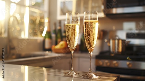 Birthday celebration Serving bubbly brut champagne cava or prosecco in tulip glasses in a home kitchen setting photo