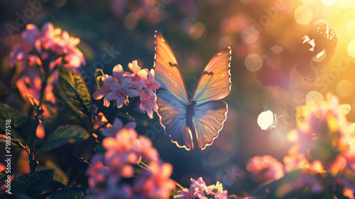 Butterfly Emoji A delicate butterfly fluttering among blooming flowers its iridescent wings shimmering in the sunlight as it dances gracefully in the air. © Sajawal