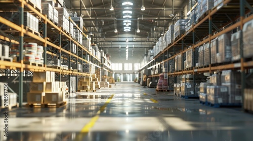 Indoor view of industrial warehouse with high shelves storing goods.