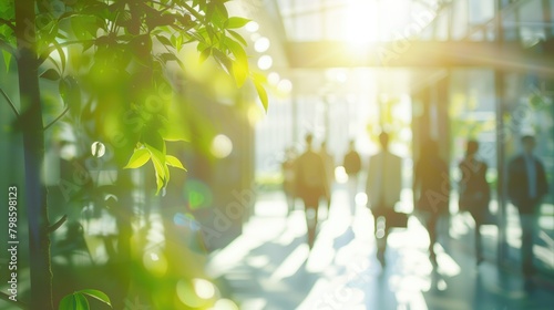 Blurred business people walking in the office corridor with green trees and sunlight. blurred business people at a trade fair, generative ai