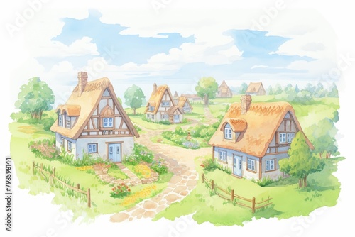 A serene watercolor painting capturing the essence of rustic countryside living with thatched-roof cottages and a winding path.