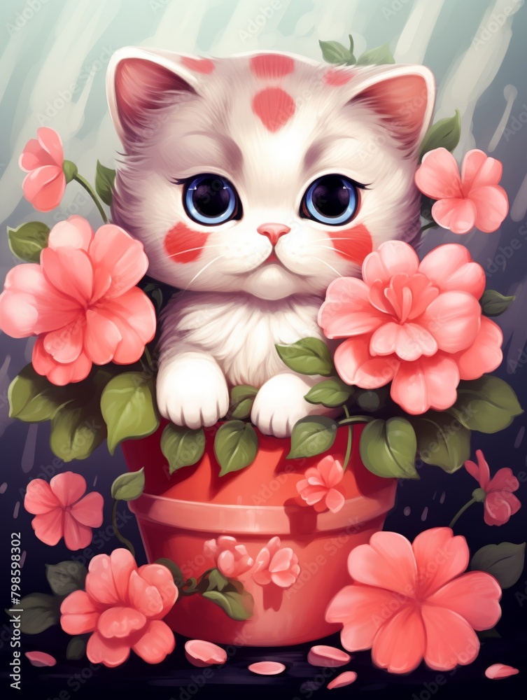 Adorable grey and white kitten with big blue eyes, nestled in a pot surrounded by pink flowers.
