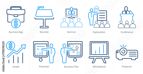 A set of 10 business presentation icons as business bag, keynote, seminar