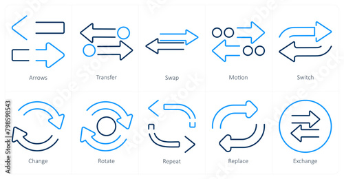 A set of 10 arrows icons as arrows, transfer, swap