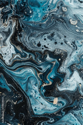 This image showcases flowing patterns of blue and black with hints of white, creating an abstract fluid art appearance that could be used as a stunning and unique background