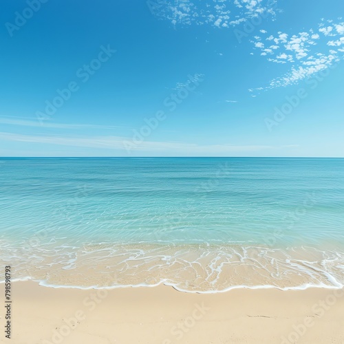 Serene beach scene with calm turquoise waters under a clear sky, ideal for travel and vacation concepts, with ample copy space