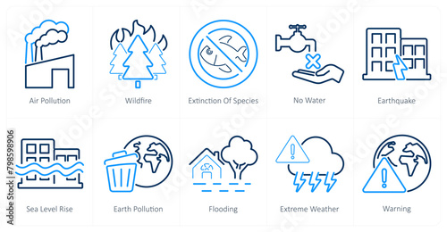 A set of 10 climate change icons as air pollution, wildfire, extinction of species