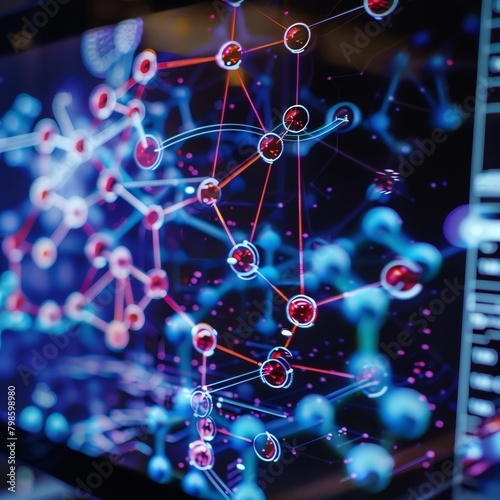 Visual diagram on a digital screen showing detailed interactions between atoms in a chemical compound, with emphasis on bond formation