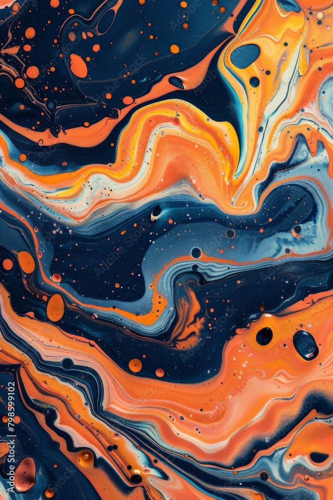 Stirring image capturing the intensity of fiery orange against a contrast of navy blue in fluid art