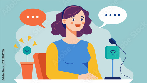 In a support group for individuals with stuttering a woman uses a stuttering modification device to practice her speech and build her confidence.. Vector illustration photo