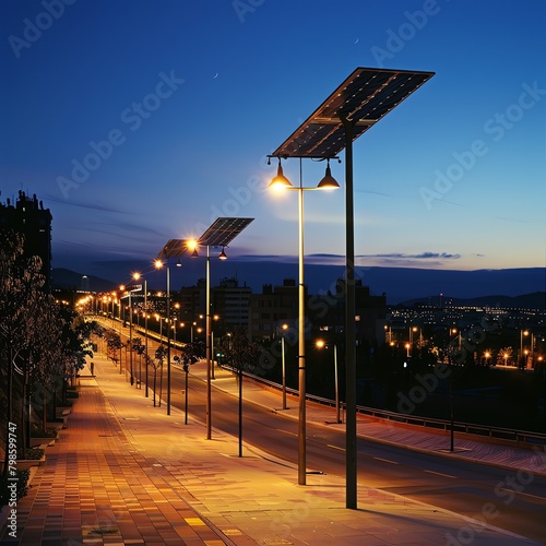 A series of modern solar street lamps along a city boulevard at night, demonstrating effective use of renewable energy in municipal lighting. photo