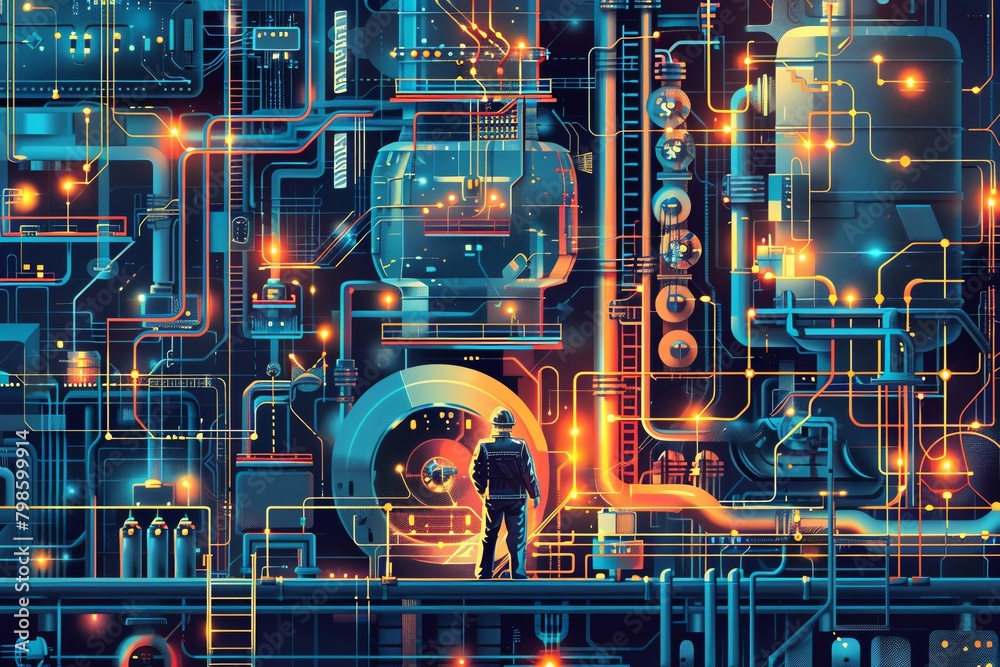 Obraz premium Craft a vibrant vector art piece featuring a Chemist working amidst a vibrant Chemical Industry Emphasize the dynamic pump systems and interconnected pipe network in a way that conveys innovation and