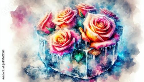 Watercolor painting abstract background of frozen roses