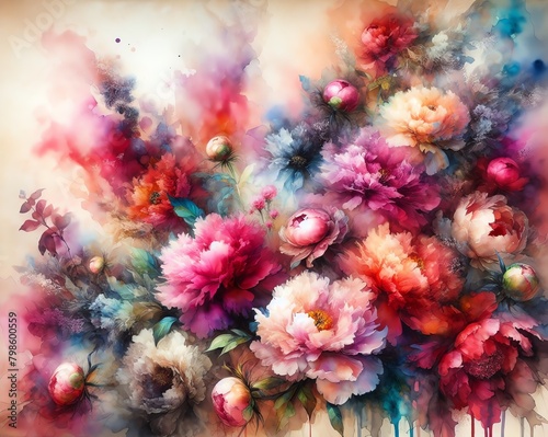 Watercolor painting abstract background of vivid peony flowers