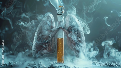 Dramatic visual of a cigarette with smoke forming an x-ray image of lungs, subtly hinting at the onset of cancer, thought-provoking