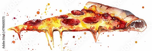 A watercolor painting of a cute slice of pepperoni pizza with gooey cheese, on a white background