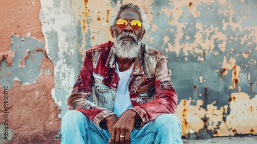 Senior hipster man in bold sunglasses and faded jacket outdoors on city street, confident elderly man portrait, AI generated image