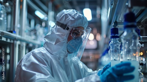 Dynamic shot of a chemist in protective gear working on a pump system control panel, with a maze of pipes distributing chemicals behind them