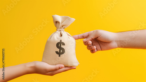 Woman hands hold a money bags in the public park for loans to planned investment in the future concept on yellow background, financial investment, generative ai photo