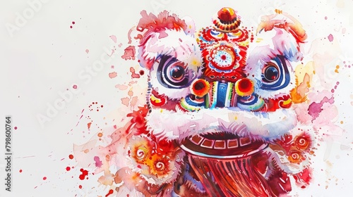 A watercolor painting of a cute lion dance costume, eyes sparkling with festivity, on a white background photo