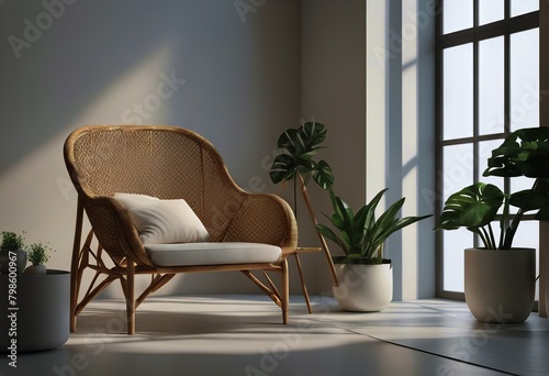 rattan chair background3d pot wall rendering lamp room interior white Minimal plant photo
