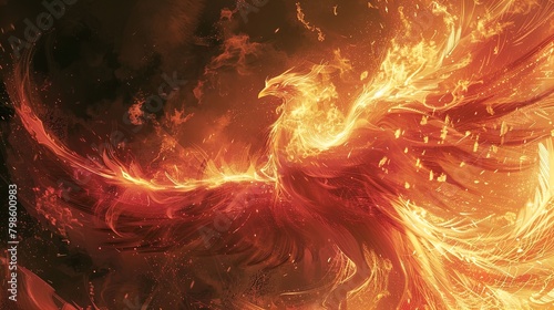 Immerse in the essence of rebirth with this phoenix rising amidst fiery splendor. photo