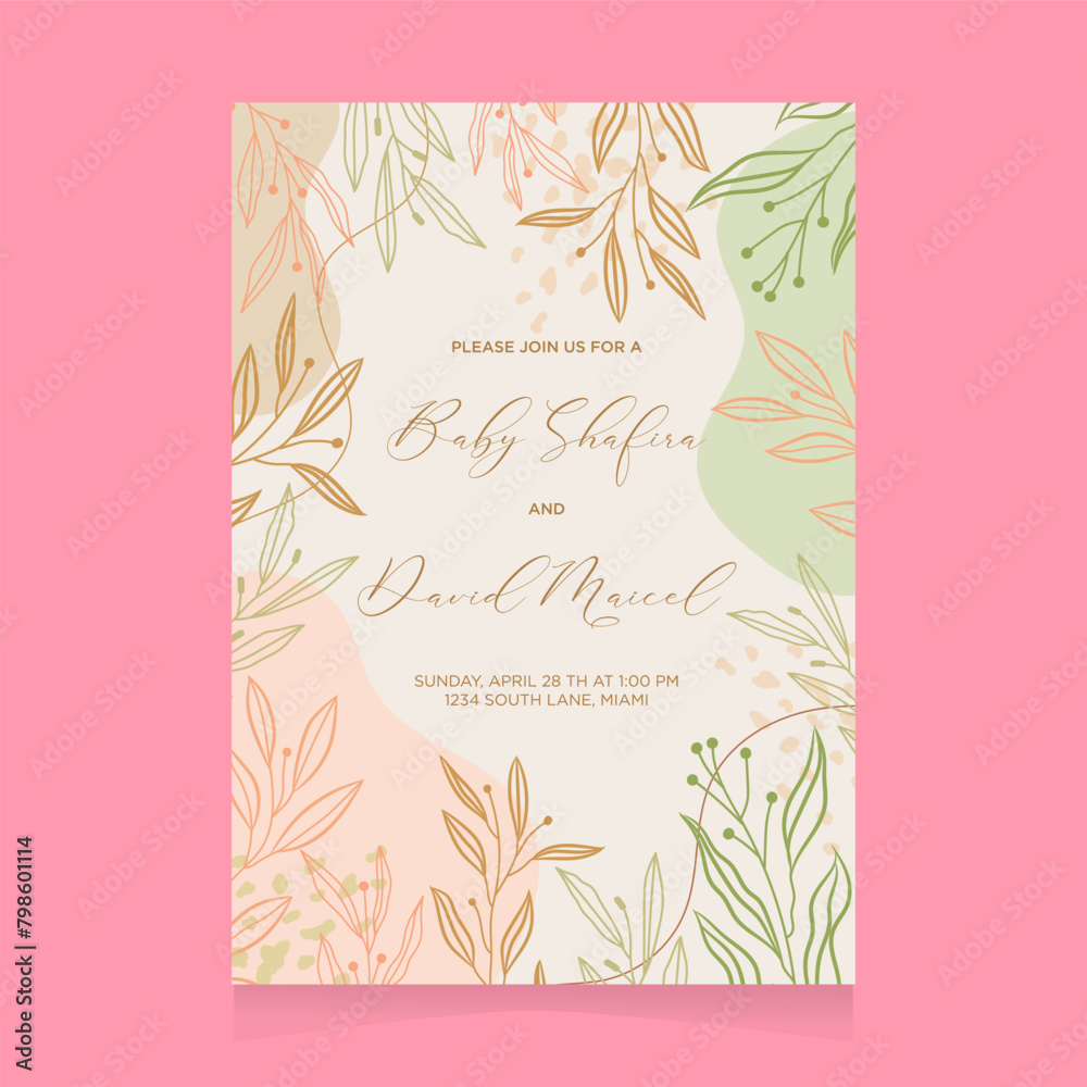 simple abstract hand drawn leaf wedding invitation