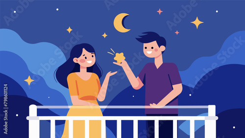 A young couple on their honeymoon share sweet and silly anecdotes on their balcony interrupted only by the occasional shooting star.. Vector illustration