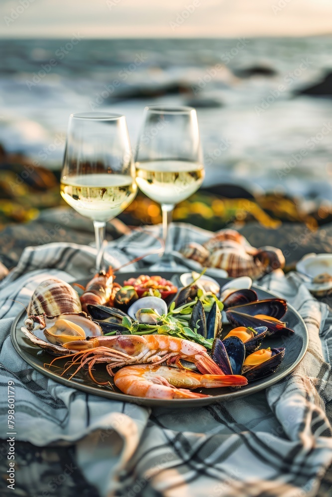 Seaside Picnic, Seafood and Wine on Ocean Shore Blanket