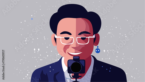 Illustration of a man with a camera and person at interview