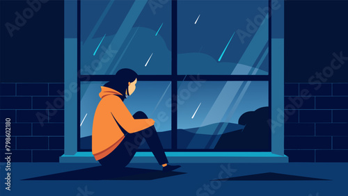 A solitary figure sitting by the window lost in thought as the sound of the rain creates a melancholic atmosphere.. Vector illustration