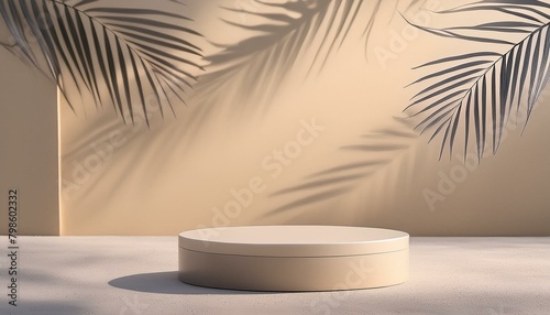 Sunny Sanctuary  Beige Studio and Podium with Coconut Palm Leaves Shadow on Cement Floor  Creating a Serene Setting for Cosmetic Products