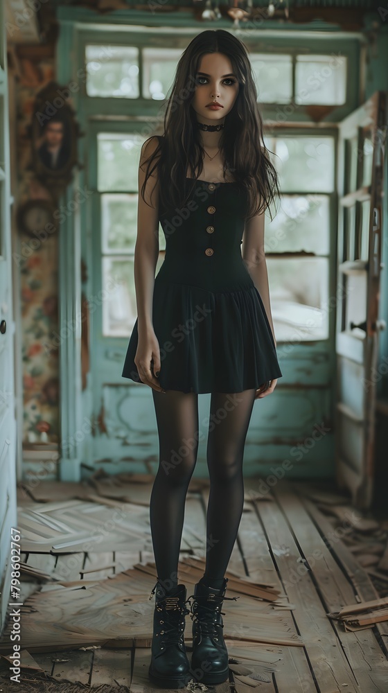 a gothic girl standing in a abandoned building
