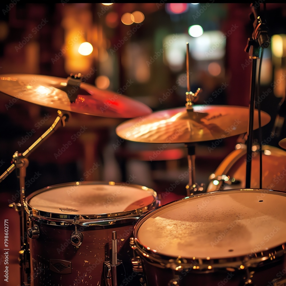 Fototapeta premium Vintage drum set in a jazz club setting, spotlight on the brass cymbals and wooden drums, cozy and atmospheric.