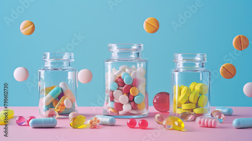 a glass prescription bottles filled with pills, chewable vitamin tablets in fun shapes, and a glass bottle of multivitamins photo