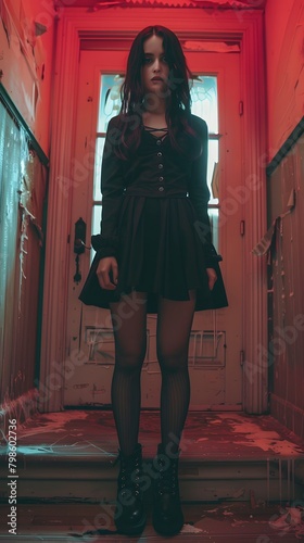 a gothic girl standing in a abandoned building