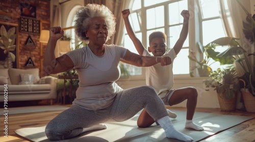Senior black woman working out at home with kid together, elderly grandma doing sport exercises indoors with her grandson, AI generated image photo