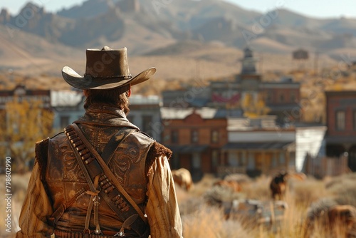 A cowboys back view in a historical reconstruction, surrounded by a wild west town and retro landscape, creating a captivating scene on a letterhead with copy space 8K , high-resolution, ultra HD,up32