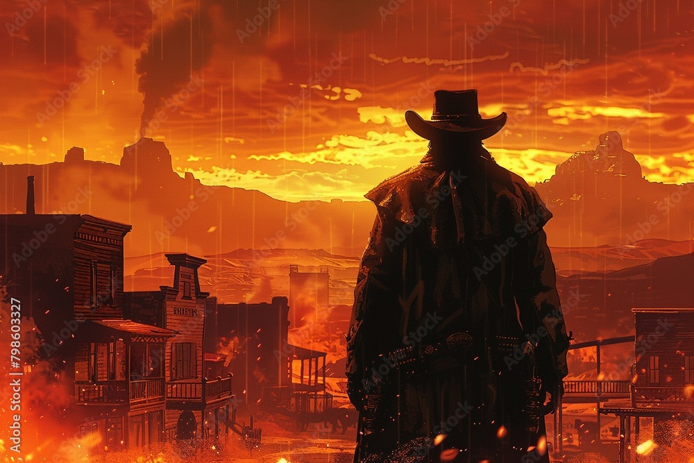 High Resolution Western A cowboys back view in a wild west town, surrounded by a retro ...