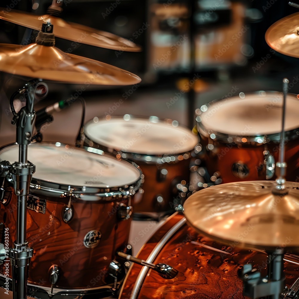Drummer's perspective of a drum set during a rehearsal, view of drum skins and cymbals, personal and immersive angle.