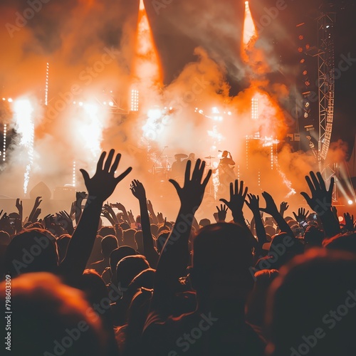 Crowd of fans at a rock concert, hands raised, enjoying live music, dynamic lighting with smoke effects.