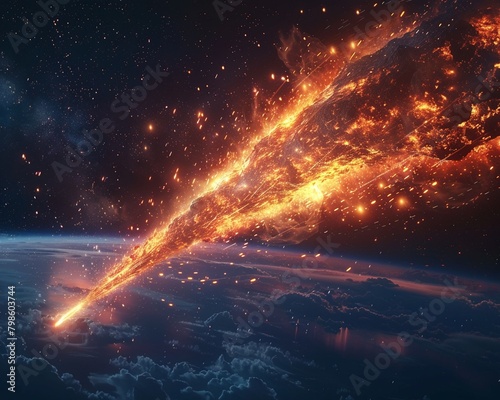 A fiery meteor streaks through the sky, its intense heat and brightness a testament to the power of nature as it enters Earths atmosphere 8K , high-resolution, ultra HD,up32K HD