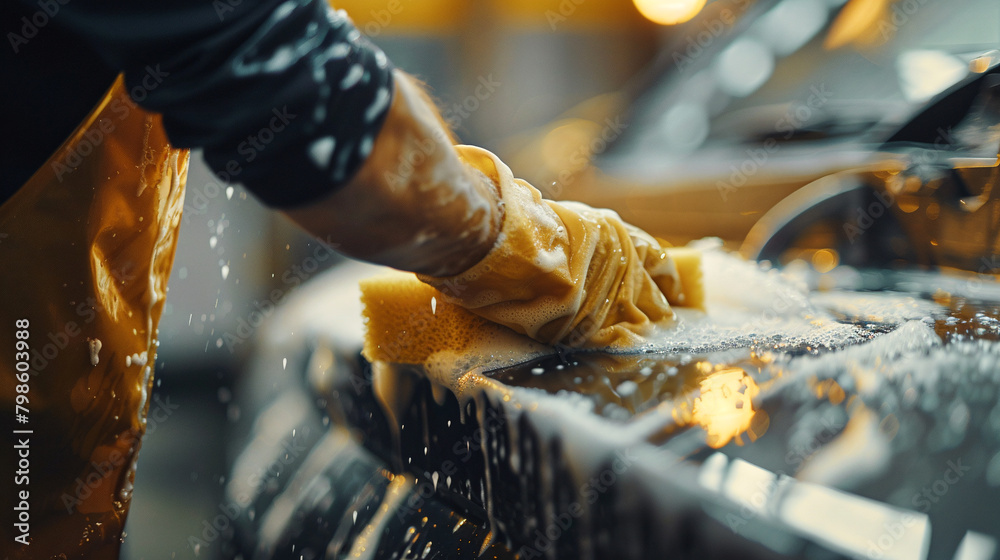 Car washer at work. In his hands he has washcloth and large amount of foam and water on the car. Close-up photo Car washer at work. In his hands he has washcloth and large amount of foam and water on the car. Close-up photo
