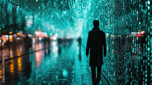 The picture of the group people that has been walking into the endless walkway that has been raining with the digital matrix green binary rain of code that seem like people search something. AIGX01.