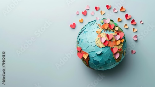 A globe adorned with heartshaped pins marks countries far and wide  representing mothers being celebrated across continents  paper art style concept
