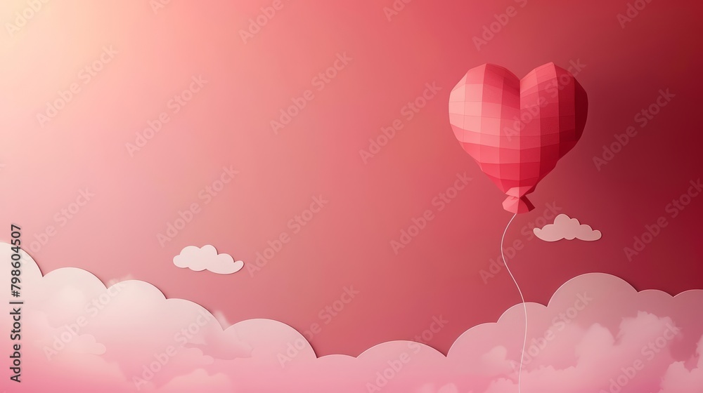 A heartshaped balloon floats against a sky painted with hues of pink and red, capturing the spirit of love and celebration, paper art style concept