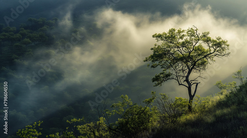 Lonely tree on a coastline in the morning mist photo