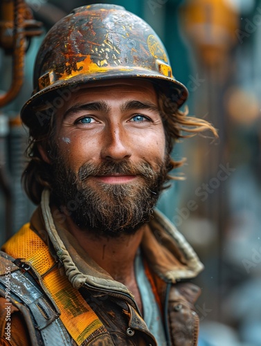 A man in a yellow hard hat and blue shirt is standing in front of a pipe